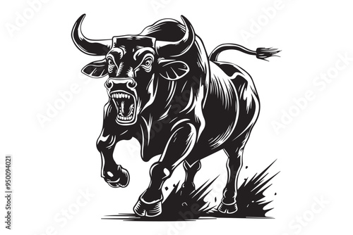 Vintage Engraved Raging Bull Vector Illustration in Black and White with Hand-Drawn Woodcut Style