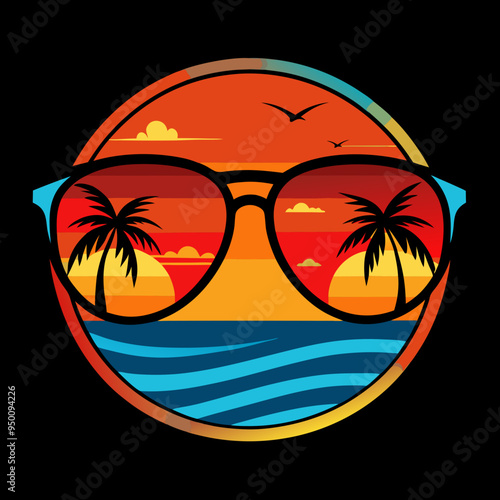 Eye-catching beach scene inside of sunglass view, vector illustration for t-shirt design