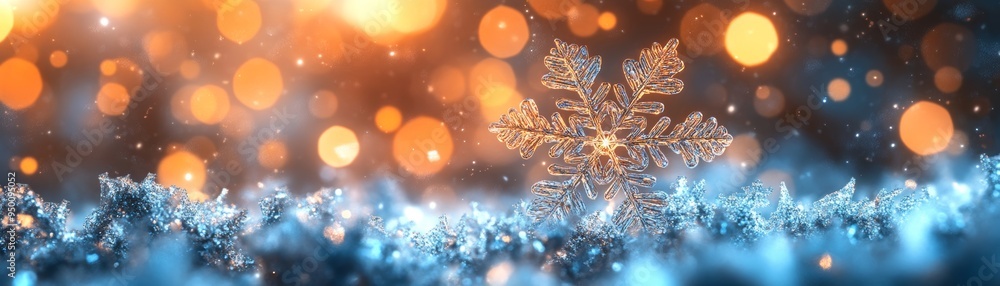 Sparkling snowflake on a blurred background of festive golden and blue lights, capturing the essence of winter magic. Sparkling snowflake on a blurred background of festive golden and blue lights, capturing the essence of winter magic.