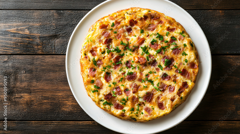 Savory omelette with crispy bacon and fresh herbs, presented on a rustic wooden table for a satisfying breakfast Savory omelette with crispy bacon and fresh herbs, presented on a rustic wooden table for a satisfying breakfast