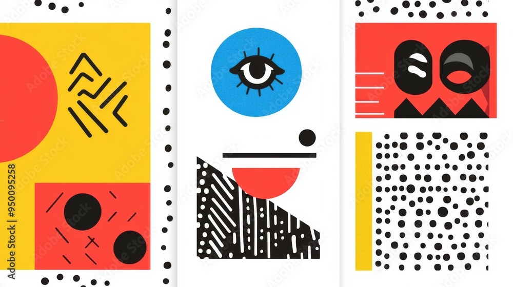 Obraz premium Three abstract images with a blue eye in the middle. The eye is surrounded by a red circle. The images are in a row and are all different