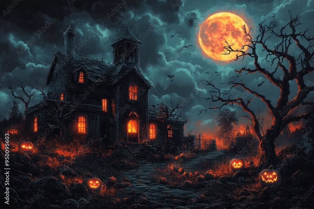 Haunted House with Pumpkins and Full Moon Haunted House with Pumpkins and Full Moon
