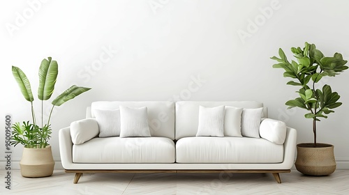 Modern minimalist living room featuring a white sofa flanked by potted green plants, creating a fresh and serene atmosphere with simple, clean design.