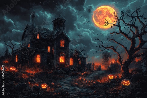 Haunted House with Pumpkins and Full Moon
