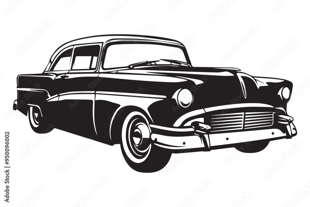 Vintage Classic Car in Retro Woodcut Engraving Style Black and White Illustration