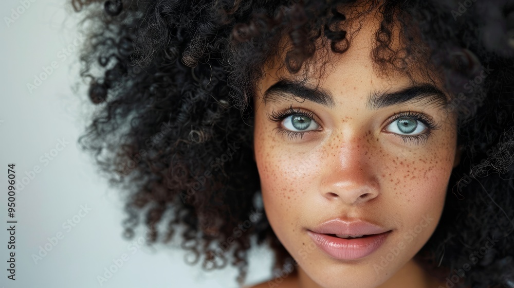 Close-up of young woman’s face with curly short black hair on simple neutral background. Concept of improving hair appearance, revealing femininity and attractiveness, developing hairdressing business Close-up of young woman’s face with curly short black hair on simple neutral background. Concept of improving hair appearance, revealing femininity and attractiveness, developing hairdressing business