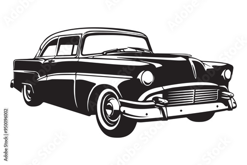 Vintage Classic Car in Retro Woodcut Engraving Style Black and White Illustration