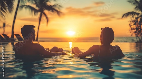 A couple relaxes in a pool, enjoying a serene tropical sunset with palm trees in the background, symbolizing vacation and relaxation.