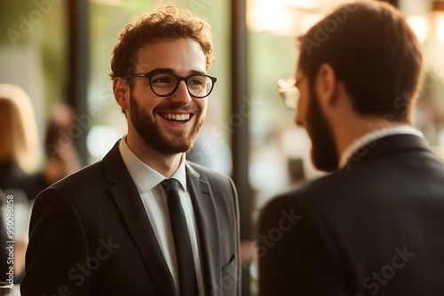 Young Business Professionals Engaging in Conversation with Smiles