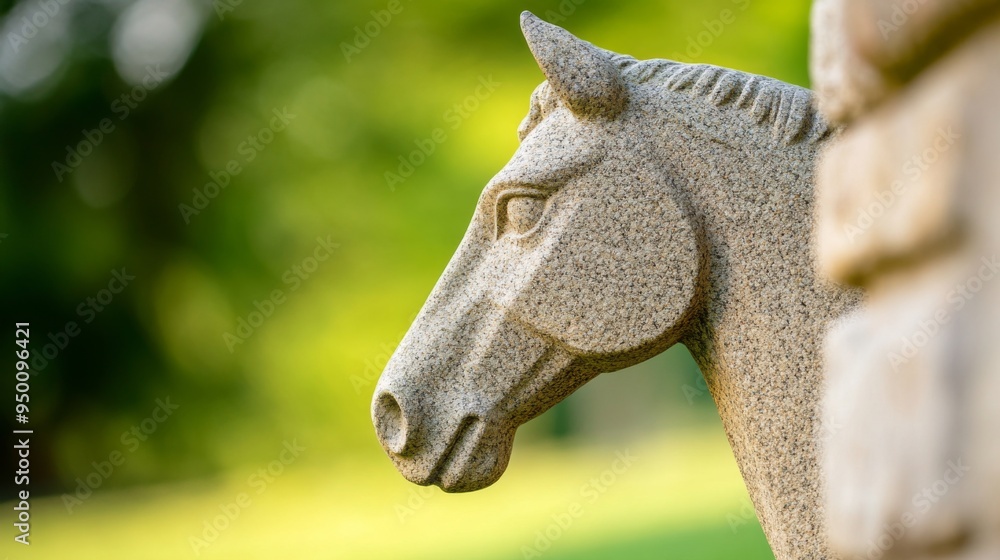 A horse head is carved out of stone and is sitting on a wall. The stone horse head is a beautiful and intricate piece of art A horse head is carved out of stone and is sitting on a wall. The stone horse head is a beautiful and intricate piece of art
