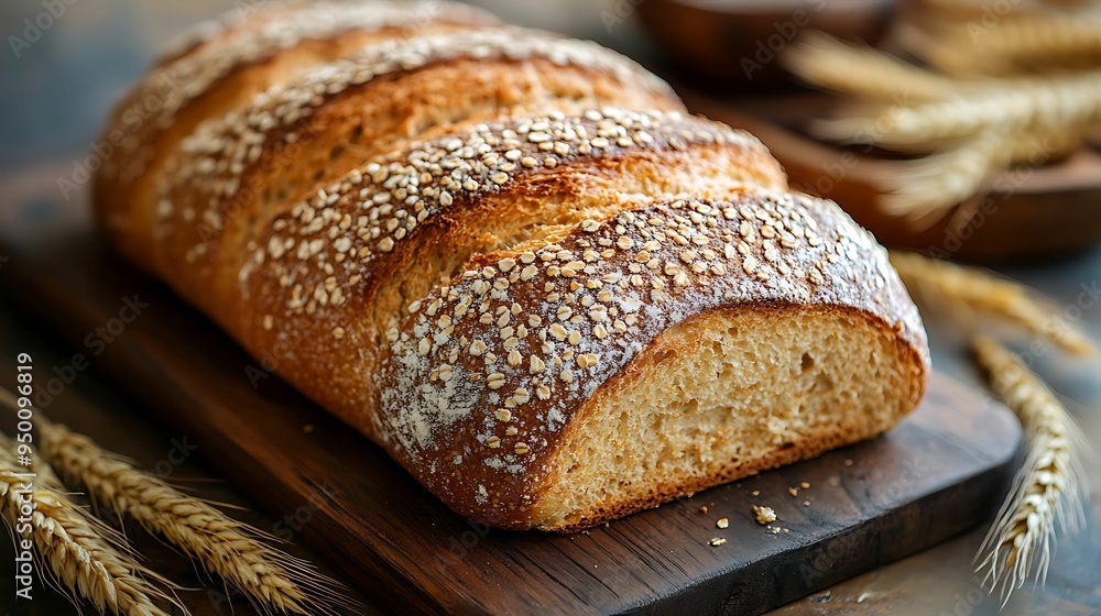 Close-up of a loaf of freshly baked whole grain bread topped with oats, placed on a wooden board, showcasing a rustic and healthy option. Close-up of a loaf of freshly baked whole grain bread topped with oats, placed on a wooden board, showcasing a rustic and healthy option.