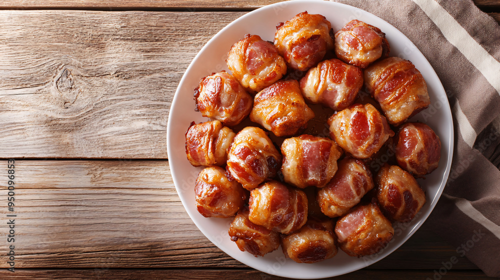 Obraz premium Delicious appetizer of bacon-wrapped sausage balls on a white plate, presented on a rustic wooden table