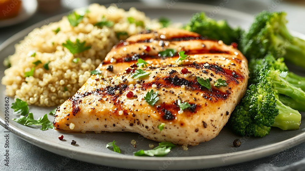 A healthy plate of grilled chicken breast served with quinoa and steamed broccoli, garnished with fresh parsley, perfect for a balanced meal. A healthy plate of grilled chicken breast served with quinoa and steamed broccoli, garnished with fresh parsley, perfect for a balanced meal.