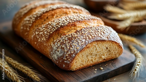 Close-up of a loaf of freshly baked whole grain bread topped with oats, placed on a wooden board, showcasing a rustic and healthy option.