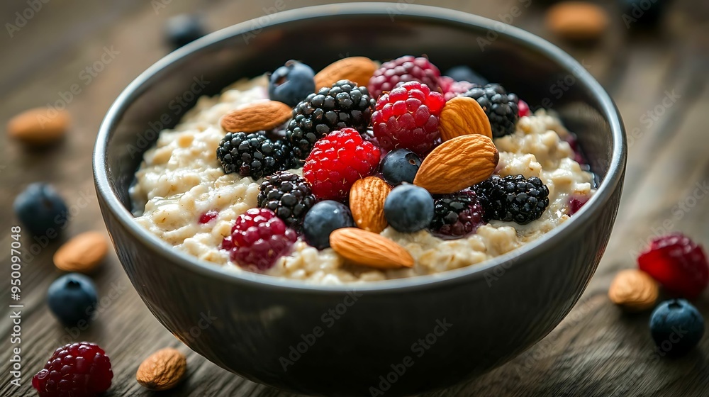 A wholesome bowl of oatmeal topped with fresh berries and almonds, served in a black bowl on a rustic wooden table A wholesome bowl of oatmeal topped with fresh berries and almonds, served in a black bowl on a rustic wooden table