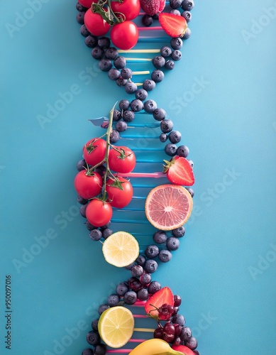 Nutrigenetics DNA strand concept is made with healthy fresh vegetables and fruits photo