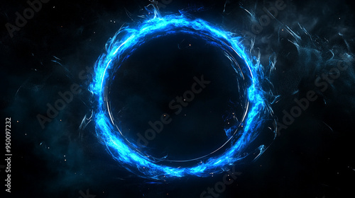 Vibrant glowing blue circle with blue smoke around dynamic light effects on dark background