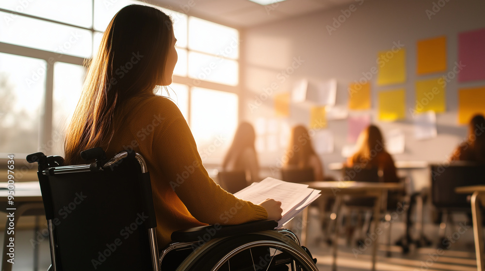 A young woman in a wheelchair joyfully participating in a group project in a bright, modern classroom, with posters and educational materials adorning the walls. A young woman in a wheelchair joyfully participating in a group project in a bright, modern classroom, with posters and educational materials adorning the walls.