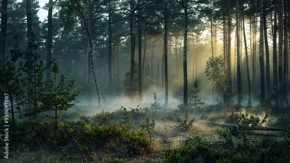 Obraz premium a forest in the early morning, with mist rising from the ground and the first light of day filtering through the trees