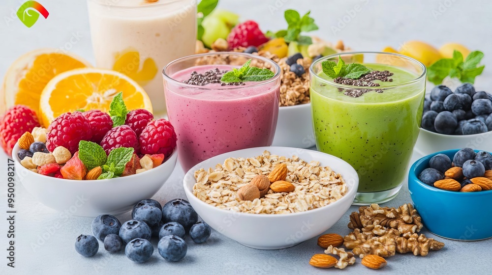 Healthy breakfast spread with fruits, nuts, and smoothies, Healthy lifestyle habit formation, Nutrition and wellness Healthy breakfast spread with fruits, nuts, and smoothies, Healthy lifestyle habit formation, Nutrition and wellness