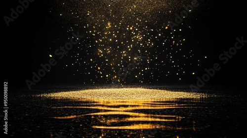 Luminescent golden glitter falls on a flat surface photo