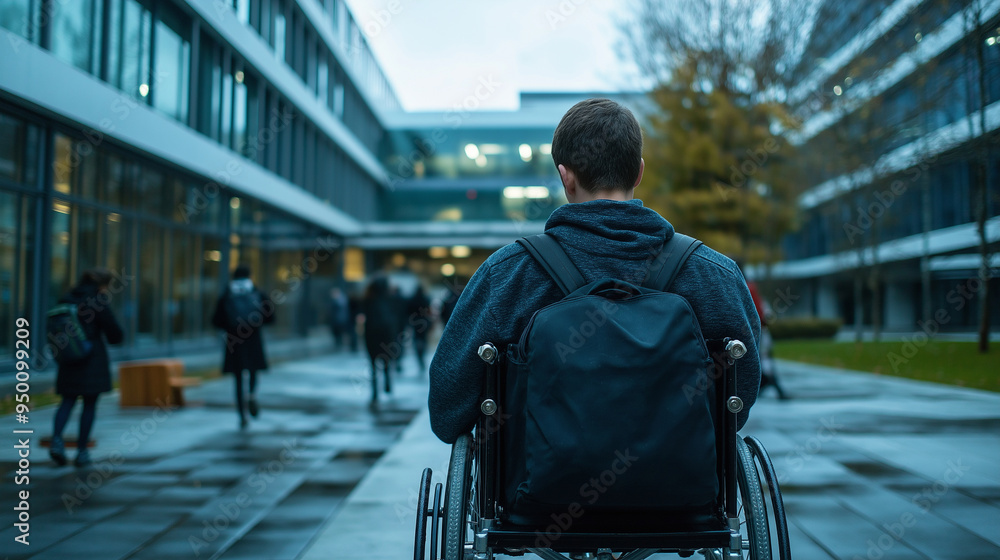 A young man in a wheelchair confidently navigating a busy university campus, his backpack on his lap, with students and buildings bustling around him. A young man in a wheelchair confidently navigating a busy university campus, his backpack on his lap, with students and buildings bustling around him.