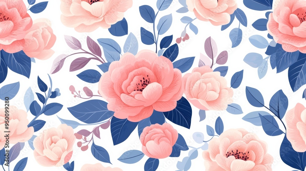 A floral pattern with pink and blue flowers. The flowers are arranged in a way that creates a sense of movement and depth. The blue flowers add a touch of coolness to the warm pink flowers A floral pattern with pink and blue flowers. The flowers are arranged in a way that creates a sense of movement and depth. The blue flowers add a touch of coolness to the warm pink flowers