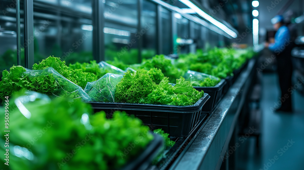 High-efficiency facility where green vegetables are being washed, chopped, and packaged into ready-to-eat salad bags, with a focus on cleanliness and speed. High-efficiency facility where green vegetables are being washed, chopped, and packaged into ready-to-eat salad bags, with a focus on cleanliness and speed.