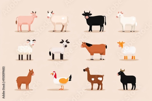 A collection of cartoon animals, including cows, sheep, and chickens. The animals are all different sizes and colors, and they are arranged in a grid pattern. Scene is playful and whimsical