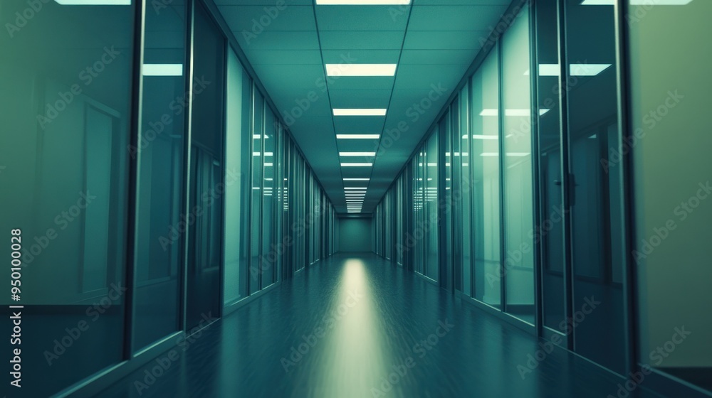 A Long, Empty Office Corridor With Glass Partitions and Fluorescent Lights A Long, Empty Office Corridor With Glass Partitions and Fluorescent Lights