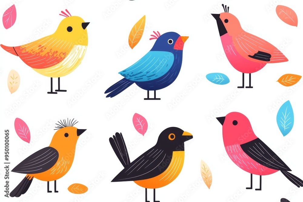 Fototapeta premium A set of colorful birds with different colors and patterns. The birds are standing on leaves and branches, and they are all facing different directions. The image has a playful and whimsical mood