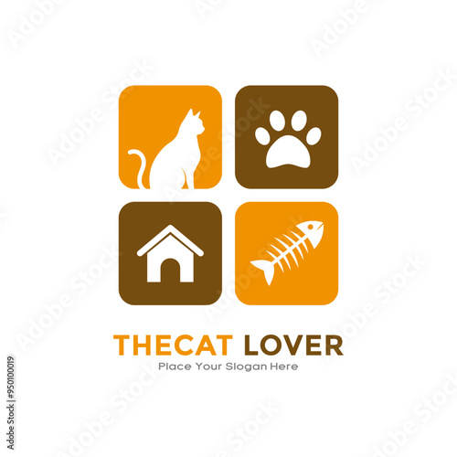 the cat lover with home, fish and paw logo vector. Suitable for business, animal, pets, veterinary and information