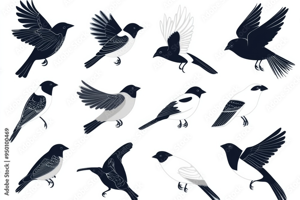 Obraz premium A collection of birds in various positions and sizes, with some flying and others perched. The birds are all black and white, and they are spread out across the image