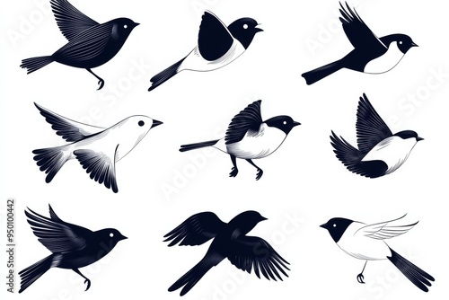 A set of black and white birds flying in the air. The birds are of different sizes and shapes, and they are flying in various directions. Concept of freedom and movement photo