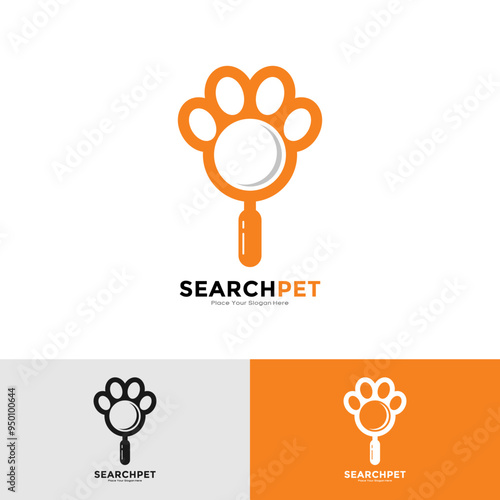 Search pet with paw magnifier glass logo vector template. This is suitable for business, veterinary clinic, animal, and find information