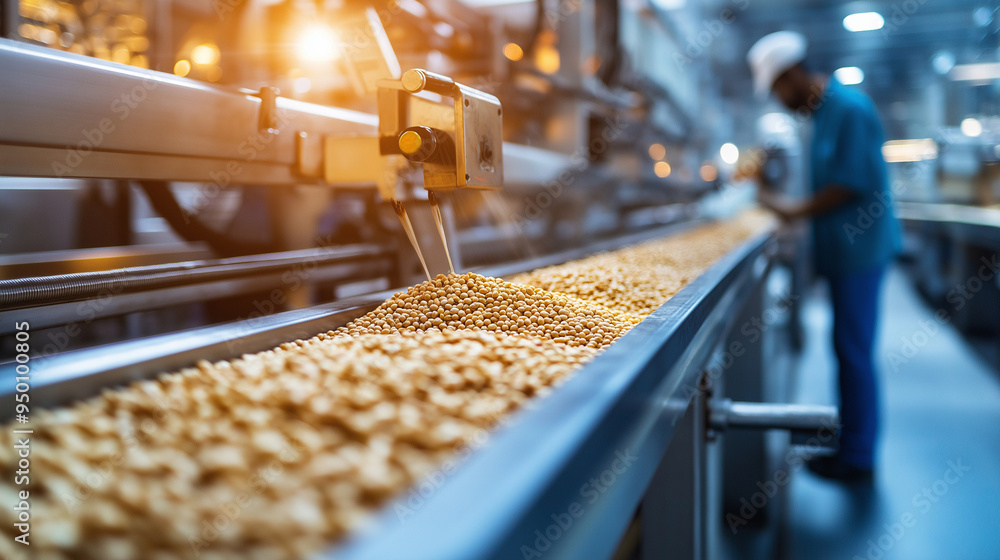 Modern cereal production plant with grains being cooked, shaped, dried, and packed into boxes, with quality checks at every stage. Modern cereal production plant with grains being cooked, shaped, dried, and packed into boxes, with quality checks at every stage.