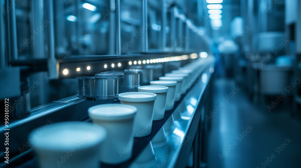 Obraz premium Modern production line for dairy-free yogurt, with ingredients being blended, cultured, and packed into containers, ready for distribution.