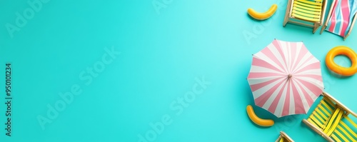 A beach umbrella and chairs with beach accessories on a blue background. Summer vacation concept. 3D rendering.