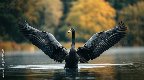 Fototapeta Naklejka Na Ścianę i Meble -  Black swan with open wings on the lake