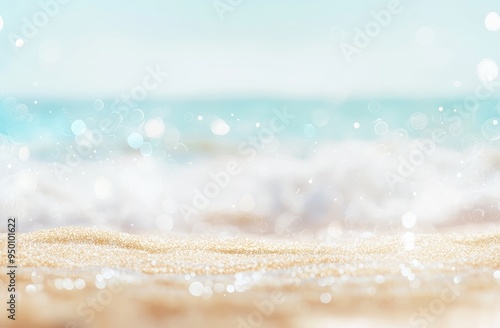 Tropical beach with bokeh light wave abstract background.