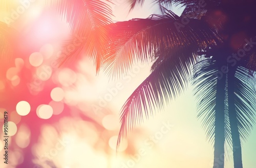 Abstract sunset sky cloud background with tropical palm tree with colorful bokeh sun light.