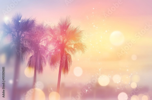 Palm tree in tropical setting with colorful bokeh sun light over sunset sky cloud abstraction.