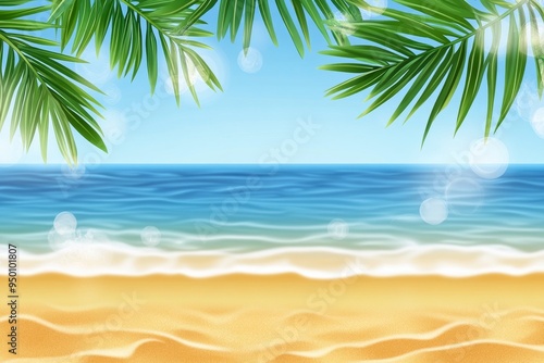 Summer vacation background concept with an abstract seascape with palm tree, tropical beach background. Bokeh light of calm sea and sky. blurred seascape with palm tree.
