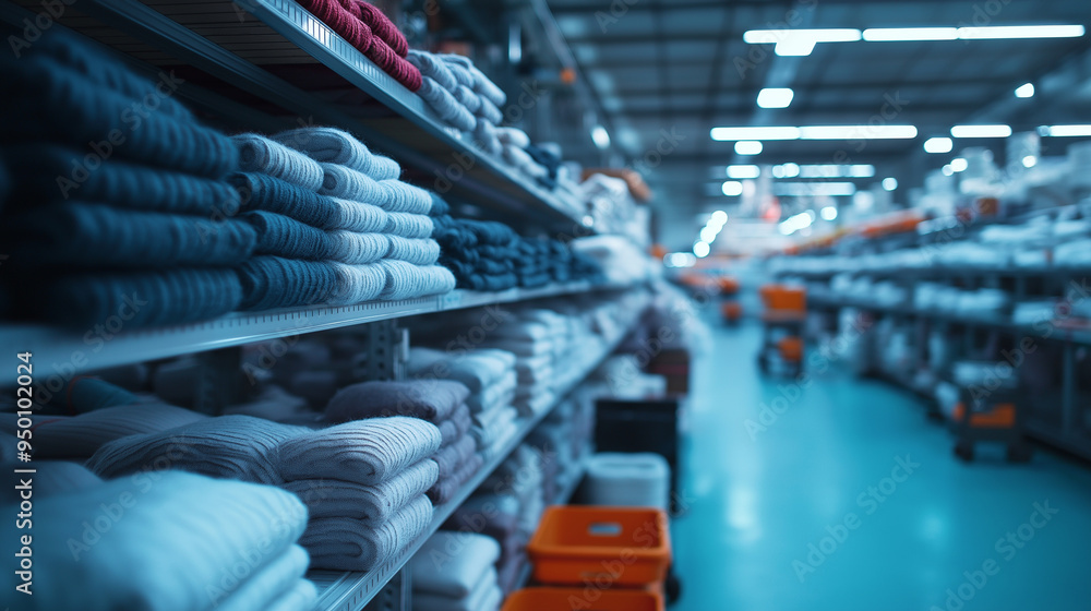 Fototapeta premium High-efficiency sock manufacturing plant where yarns are being knitted into socks, sorted by size, and packed, ready for shipping.