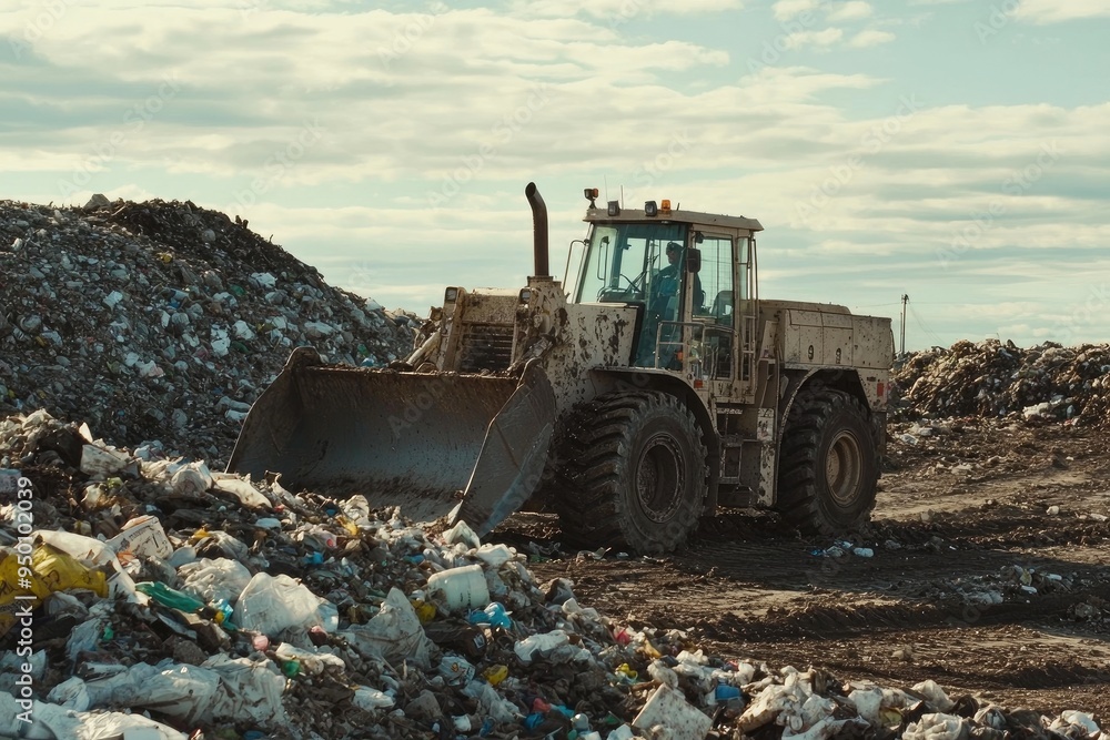 Heavy Machinery at Work in a Vast Landfill Environment Heavy Machinery at Work in a Vast Landfill Environment