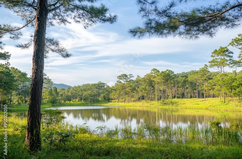 This is a beautiful landscape view of pine forest trees and a lake view of a reservoir.