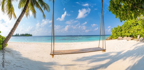 This tropical beach panorama was created for a summer banner with white sand and calm seas. It is a perfect beach scene vacation and summer vacation concept.