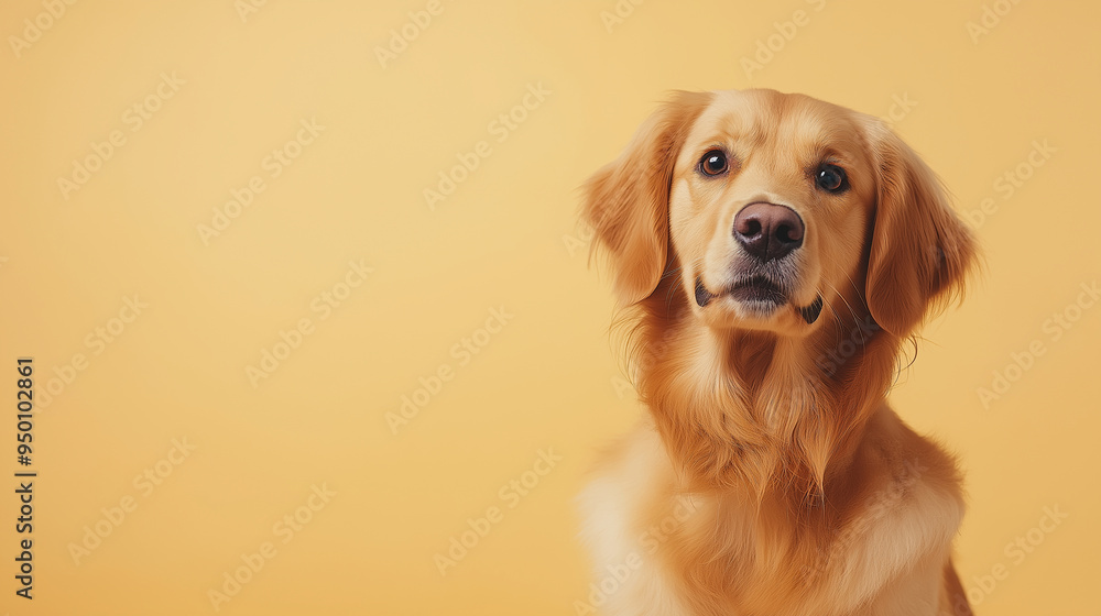 A close-up of a fluffy golden retriever with a cheerful expression, sitting obediently on a neutral beige background, highlighting the dogâs glossy fur and warm eyes, with space fo A close-up of a fluffy golden retriever with a cheerful expression, sitting obediently on a neutral beige background, highlighting the dogâs glossy fur and warm eyes, with space fo