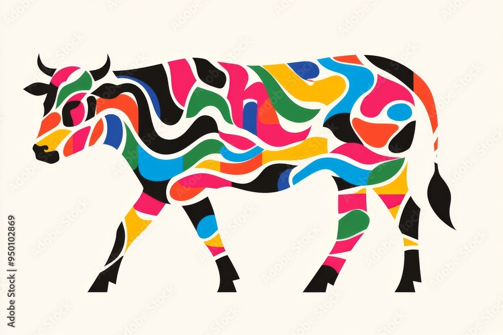 Obraz premium A colorful cow with a black nose and black legs. The cow is walking on a white background