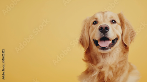 A close-up of a fluffy golden retriever with a cheerful expression, sitting obediently on a neutral beige background, highlighting the dogâs glossy fur and warm eyes, with space fo photo